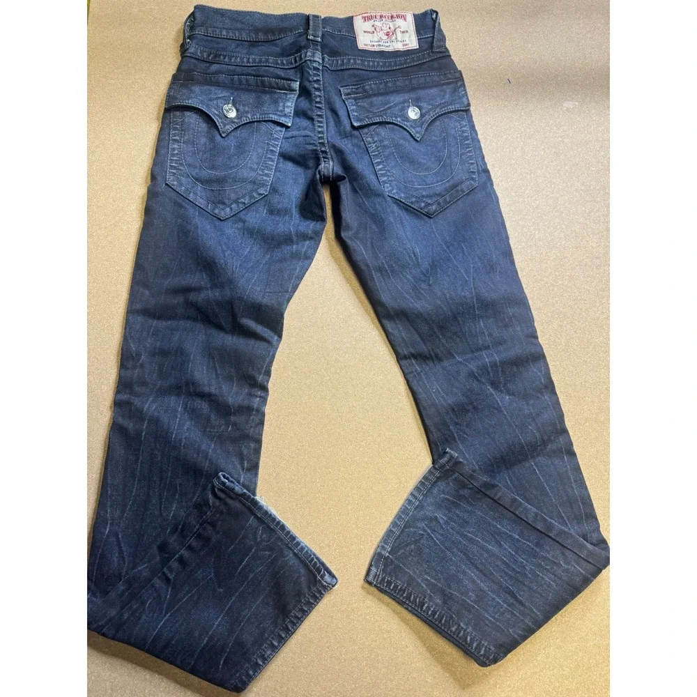 True Religion Mens‎ Section Straight Jeans Indigo Blue Whiskered Size 29 x 32